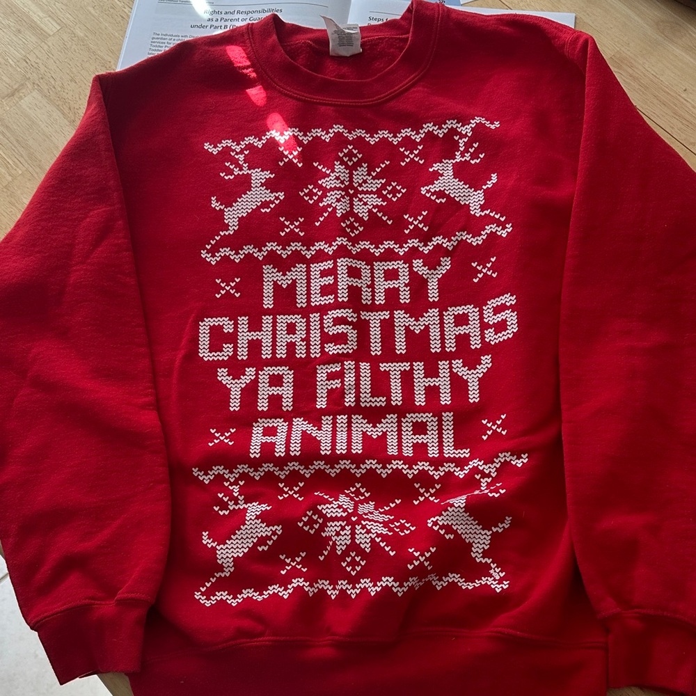 Gildan Red Crewneck Sweater with Festive Design